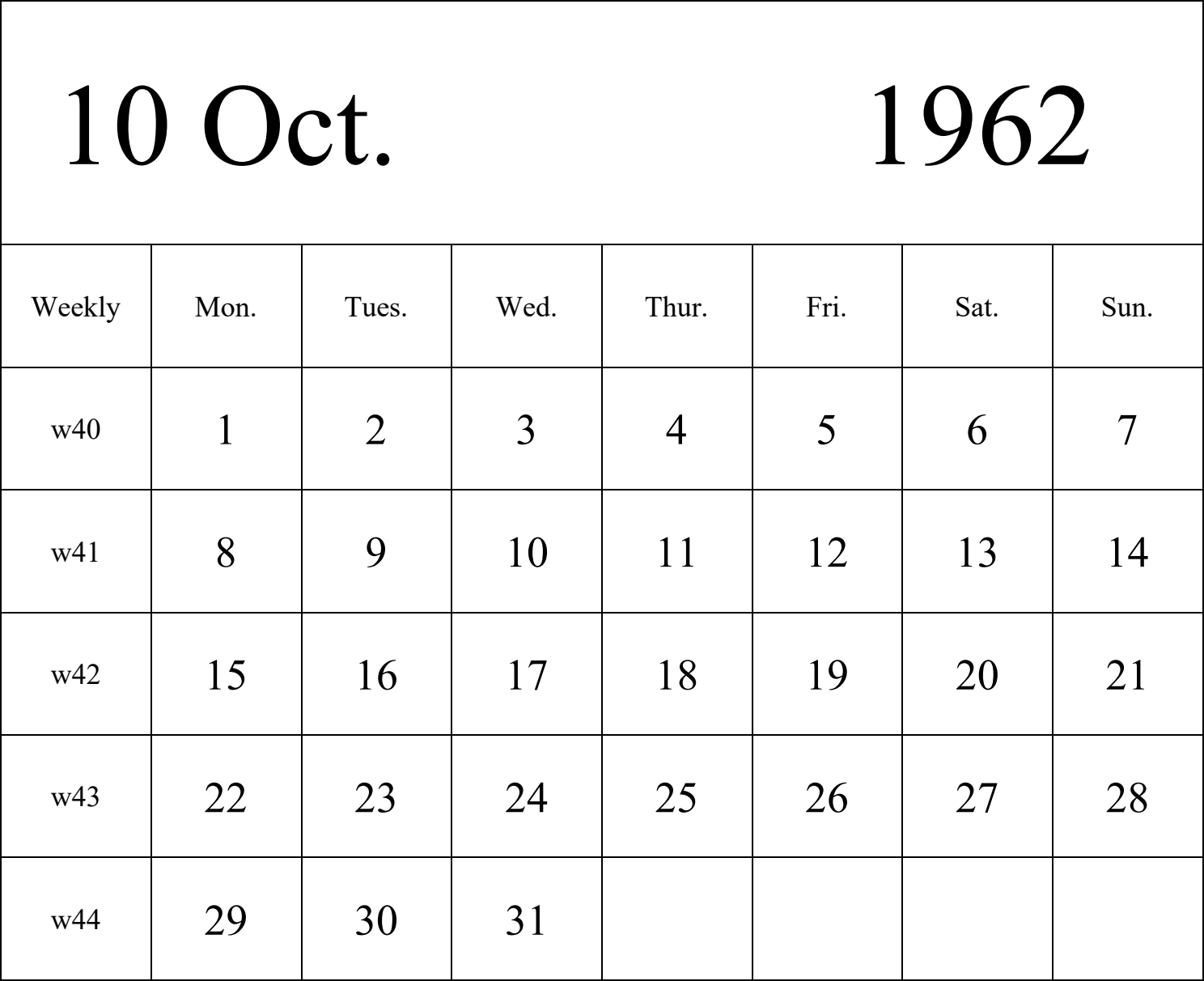 日历表1962年日历 英文版 纵向排版 周一开始 带周数